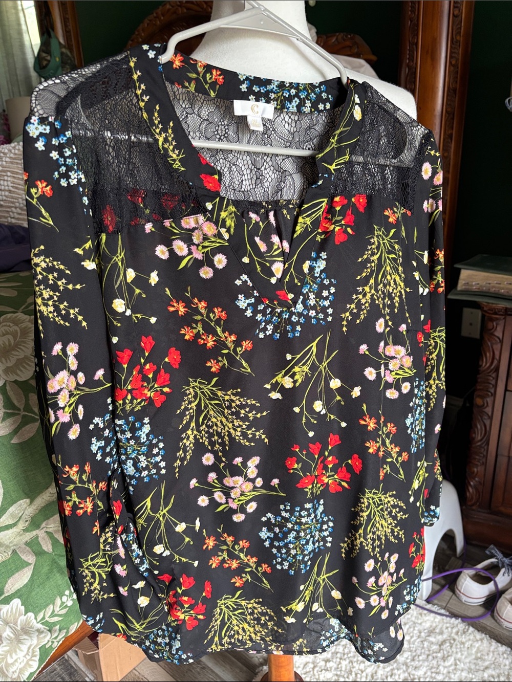 Charming Charlie Floral Lace Yoke Long-Sleeve Blouse - Black